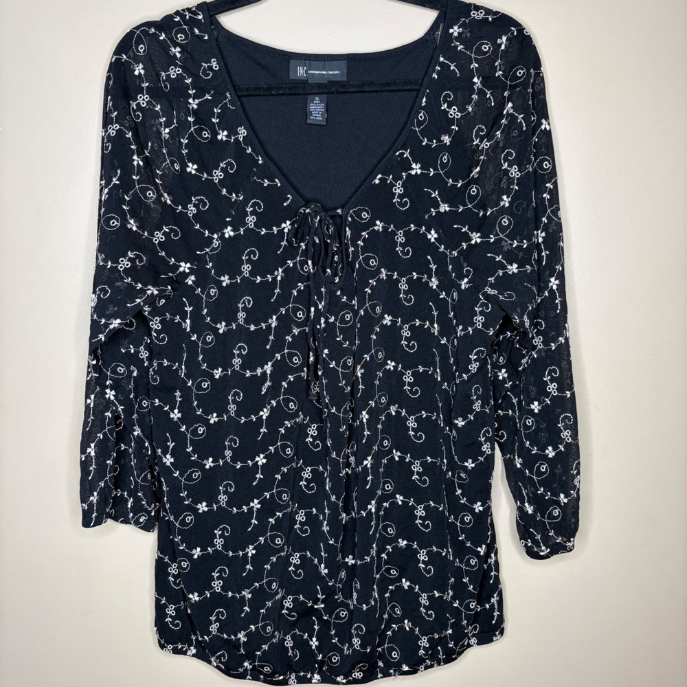 INC International Concepts Black Embroidered Mesh Tie Front Top XL 3/4 Sleeve